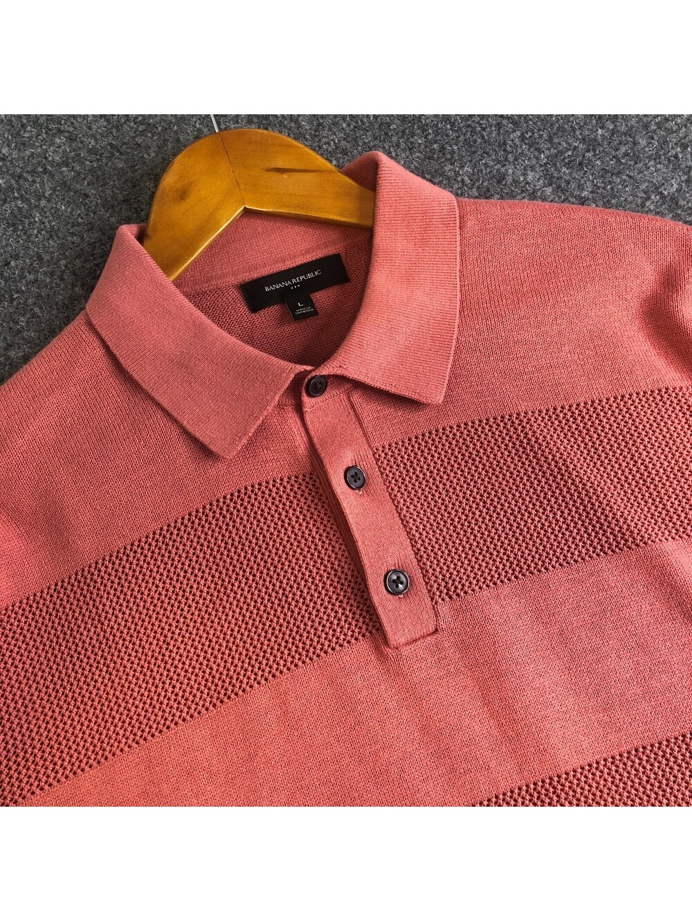 Banana Republic Polo Shirt Mens Large Pink Red 100% Cotton Open Knit Ribbed Hem